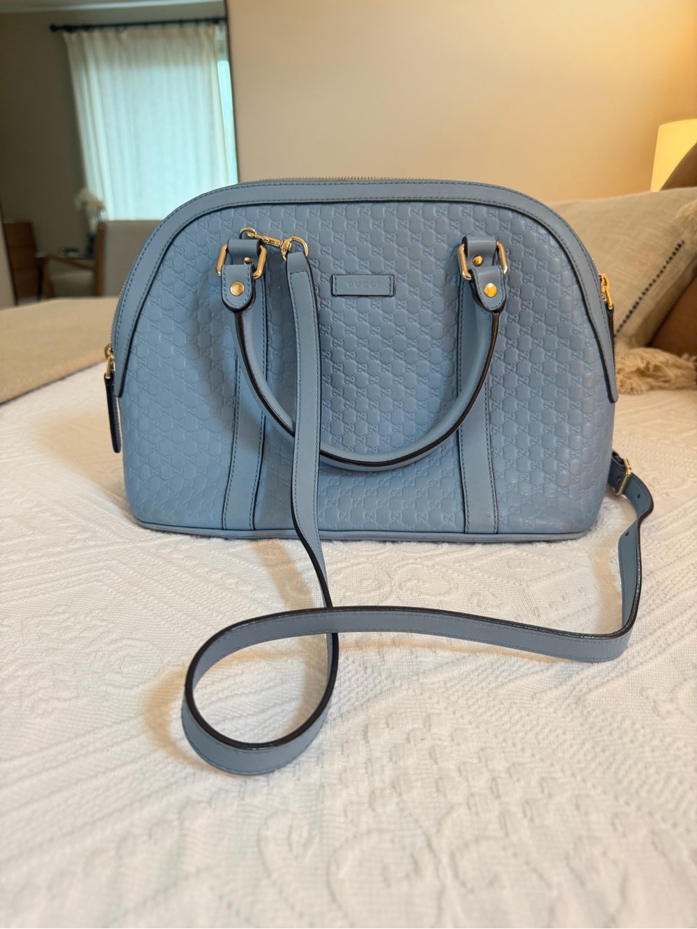 Gucci Light Blue Leather Dome Satchel with Gold Hardware